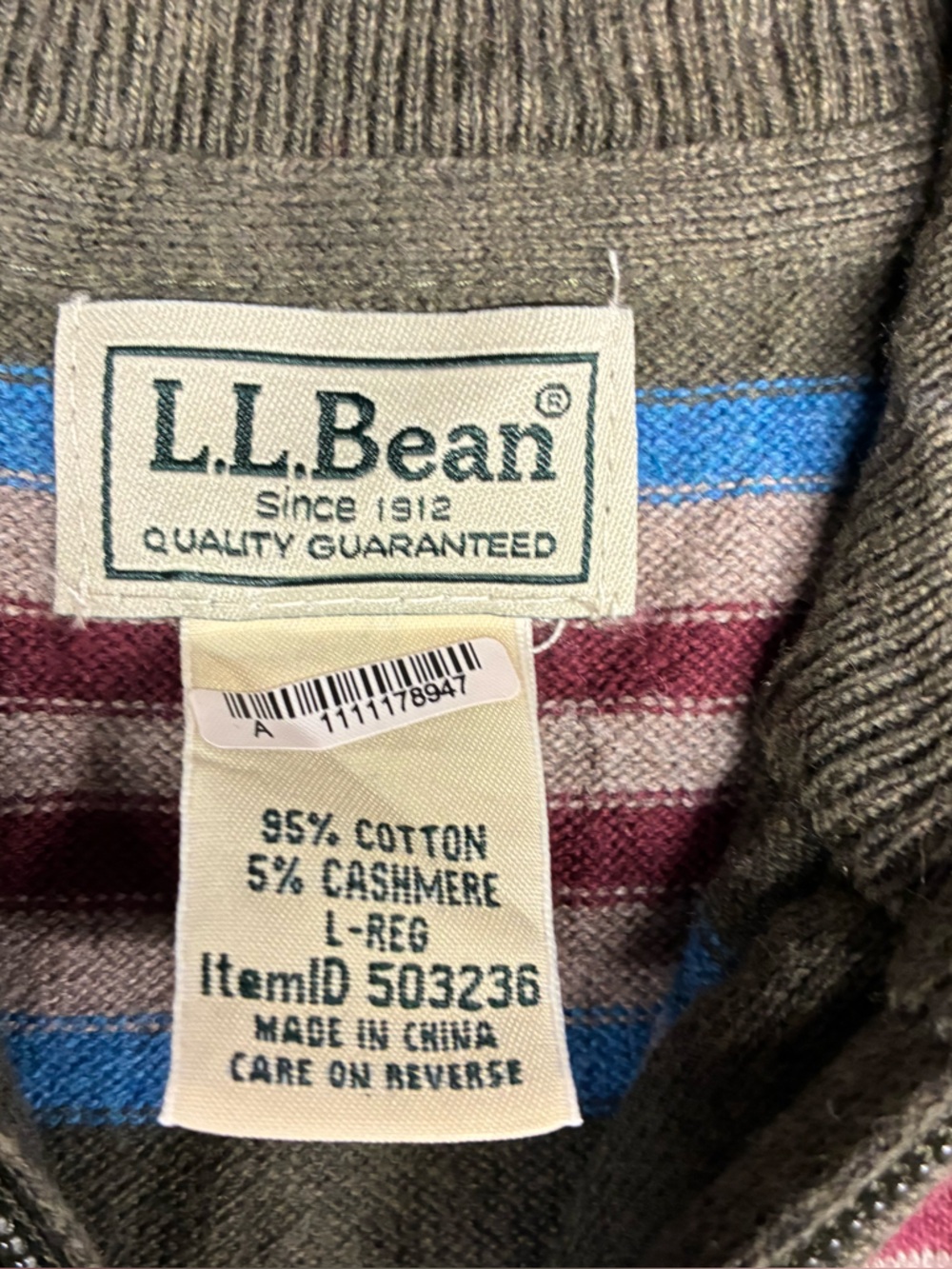 L.L. Bean Men's Cashmere Blend Multi-Stripe Quarter-Zip Sweater - Picture 2 of 6